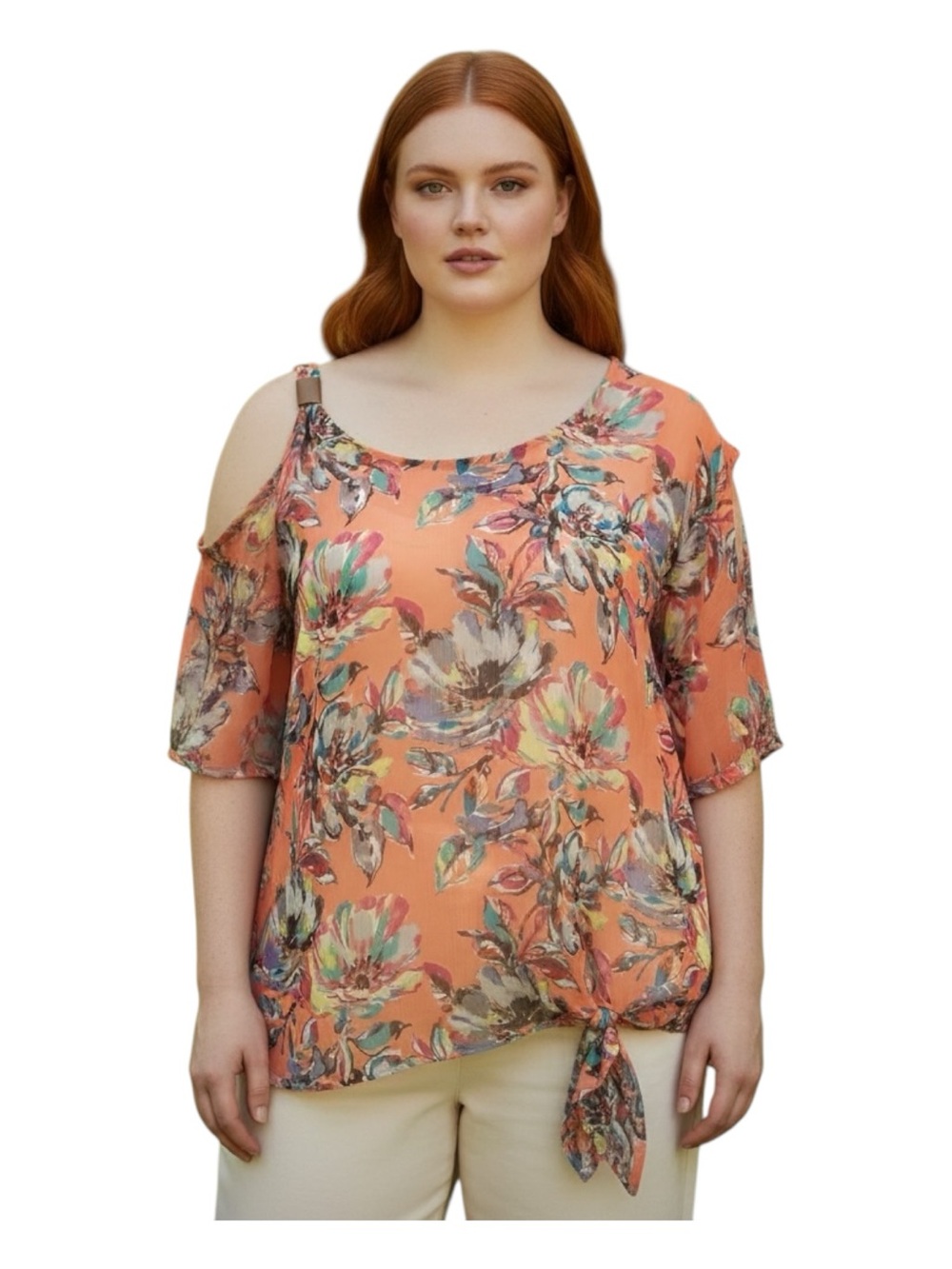 Lane Bryant Plus Size 18/20 Coral Floral Cold-Shoulder Tie-Hem Blouse